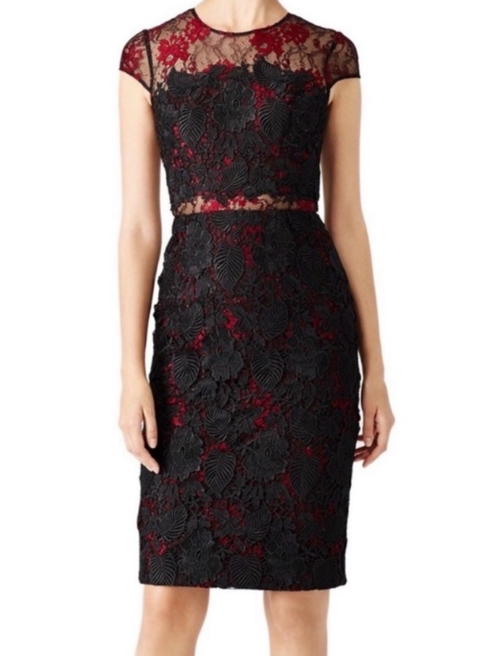 Monique Lhuillier Black & Red Lace Midi Sheath Dress